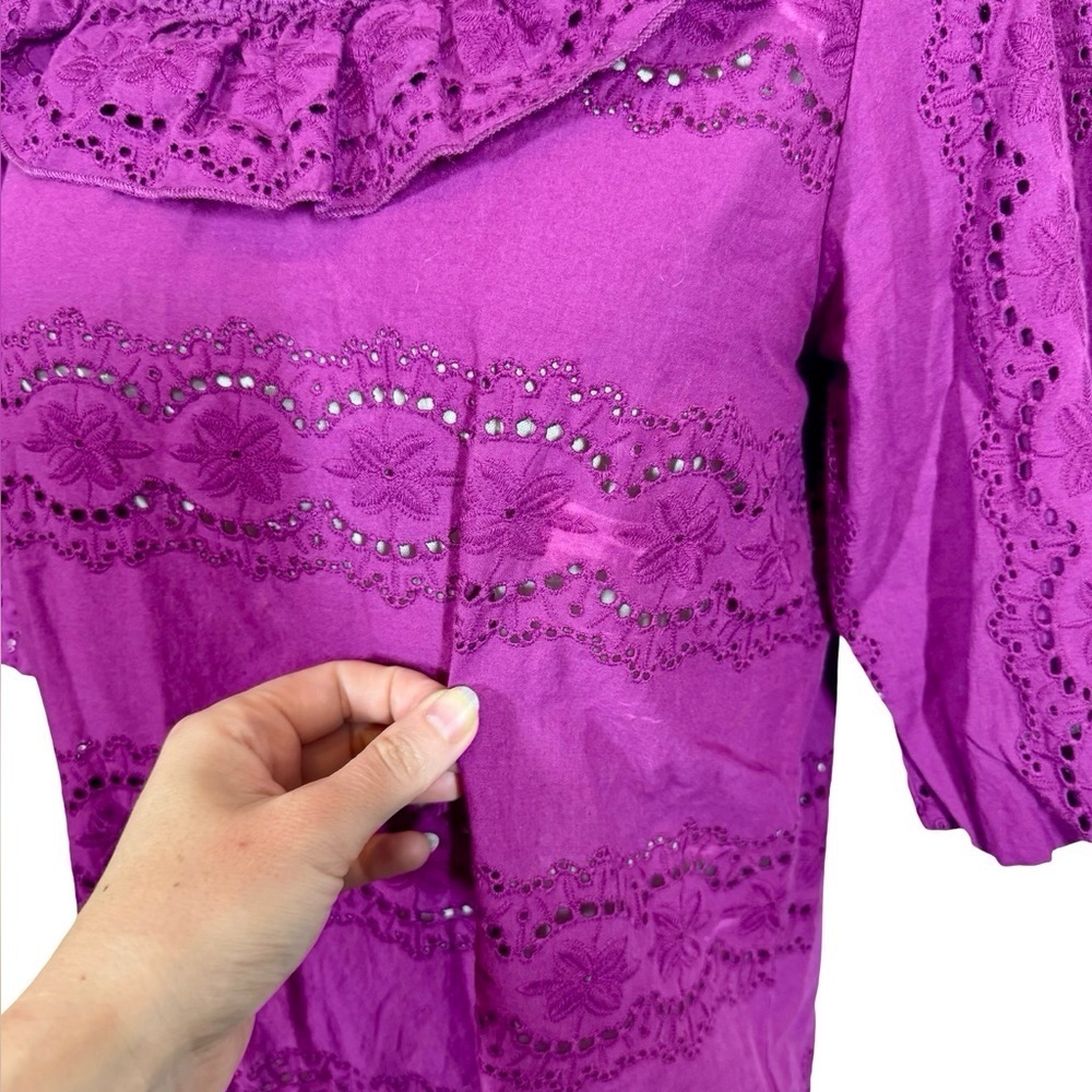 Sezane Elsa Blouse Eyelet Embroidered Ruffled Openwork in Purple Violet sz36/US4 - Picture 7 of 13